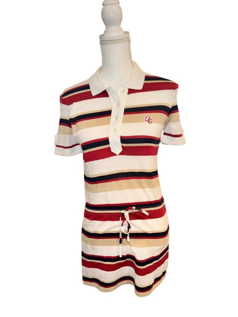 Dolce & Gabbana Striped Cotton Polo Mini Dress S Red Beige Navy Belted